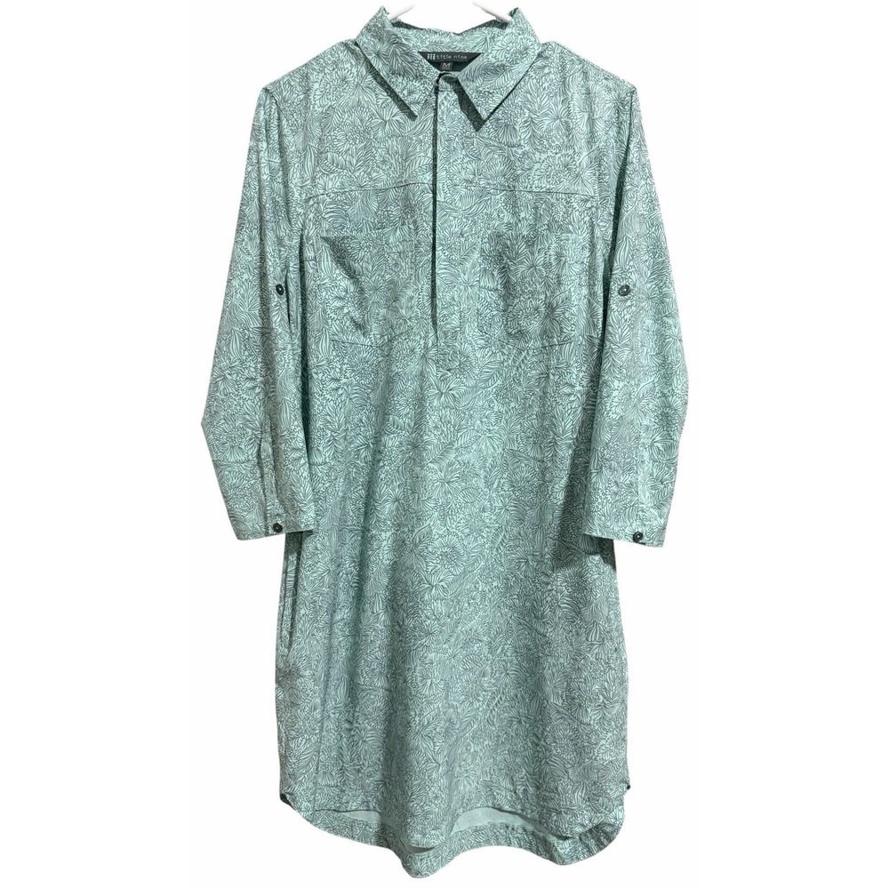 Title Nine Shirt Dress Light Blue Leaf Print Collared Women's Size Medium